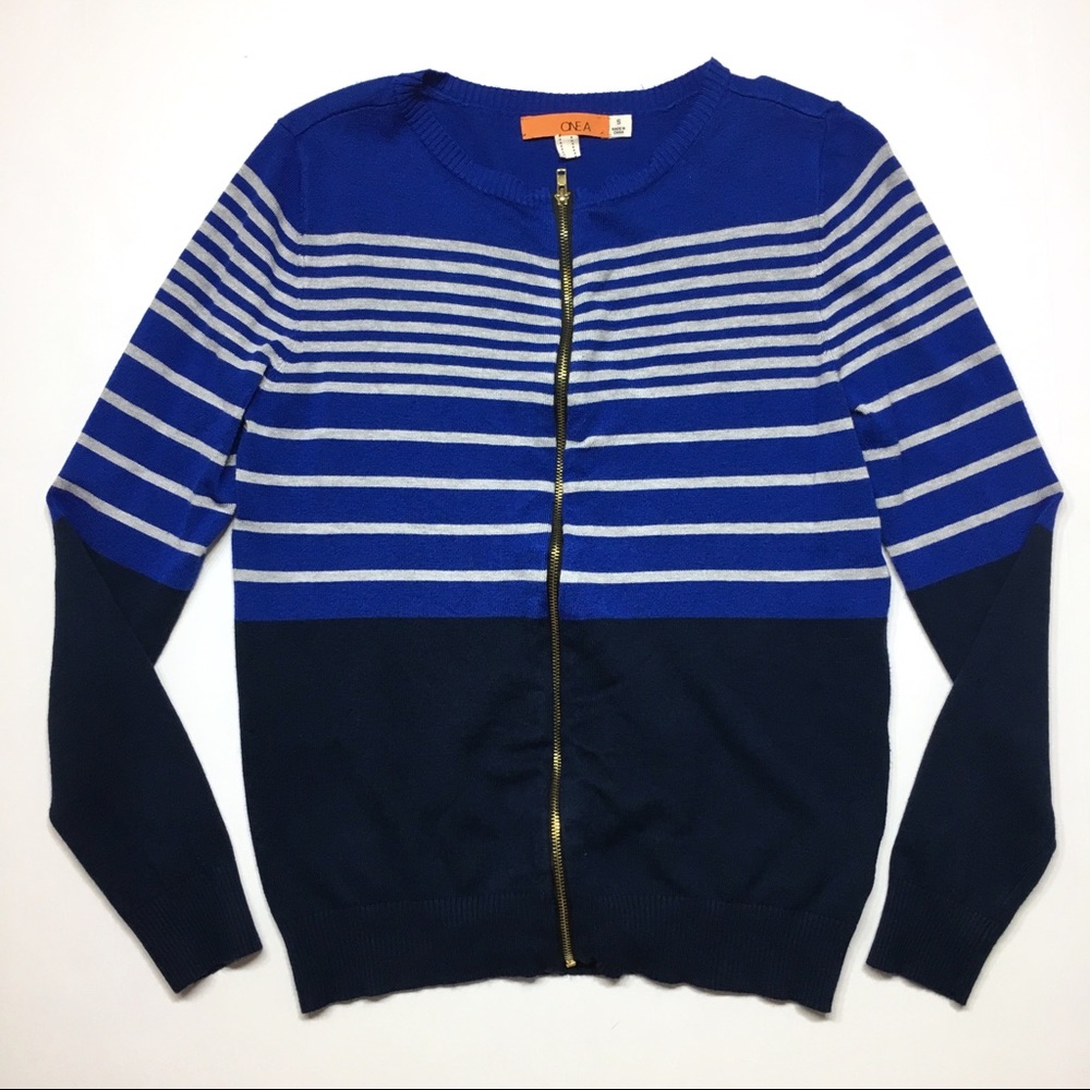 One A Striped Zip Sweater Cardigan Blue White S